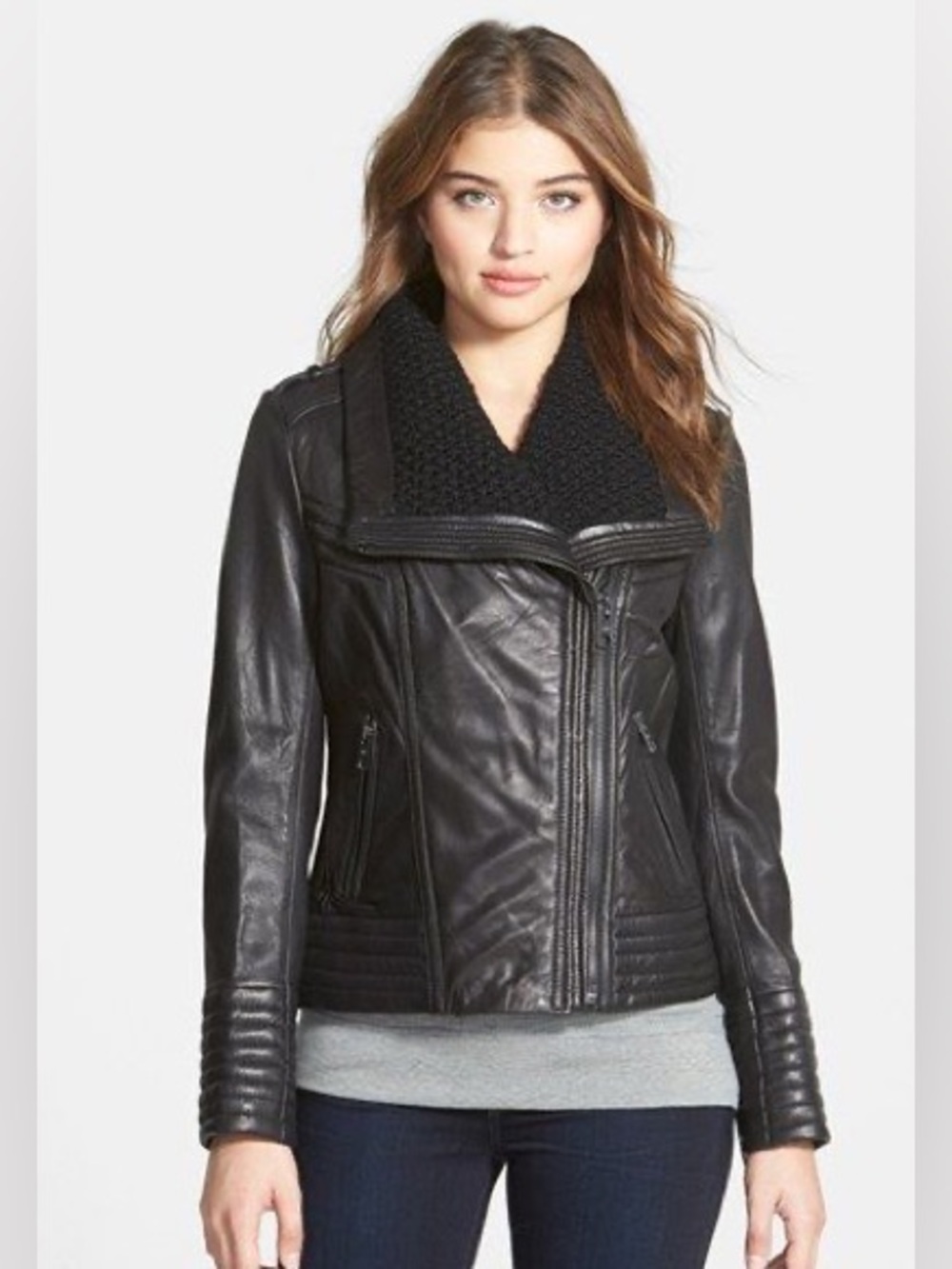 MICHAEL Michael Kors Black Leather Jacket with Knit Collar